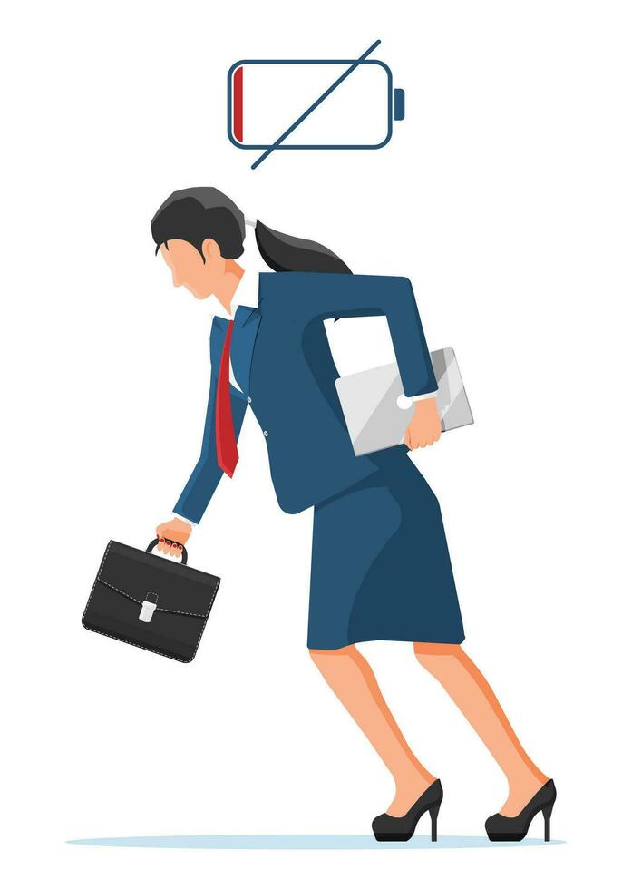 Businesswoman character tired low battery. Overworked female entrepreneur executive at work. Stressed business woman with briefcase and laptop. Sad person in need of recharge. Flat vector illustration