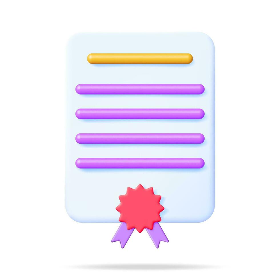 3d Certificate Icon with Stamp and Ribbon Isolated. Render White Diploma with Badge. Diploma or Accreditation. Voucher or Invitation. Business Graduation Concept. Vector Illustration