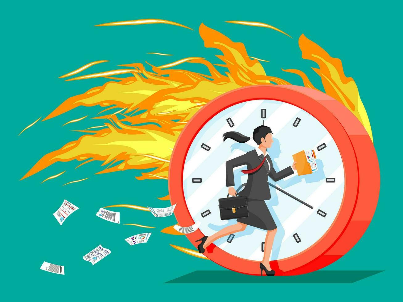 Big burning clock and businesswoman is fast running with waving necktie and briefcase. Business woman rushing hurry to get on time. Time is money. Flat vector illustration