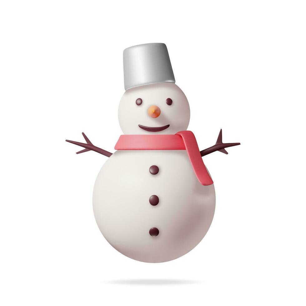 3D White Snowman in Bucket Hat and Scarf Isolated. Render Snow Man Character. Happy New Year Decoration. Merry Christmas Holiday. New Year and Xmas Celebration. Realistic Vector Illustration