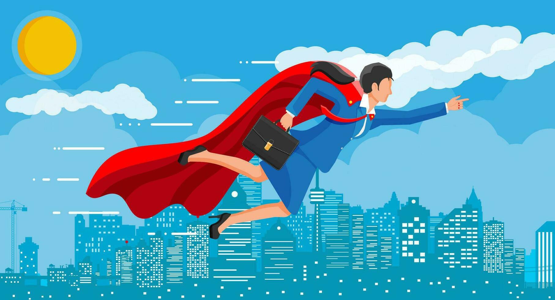 Superhero businesswoman flying over cityscape in sky. Business woman in suit and red cloak. Goal setting. Smart goal. Business target concept. Achievement and success. Flat vector illustration