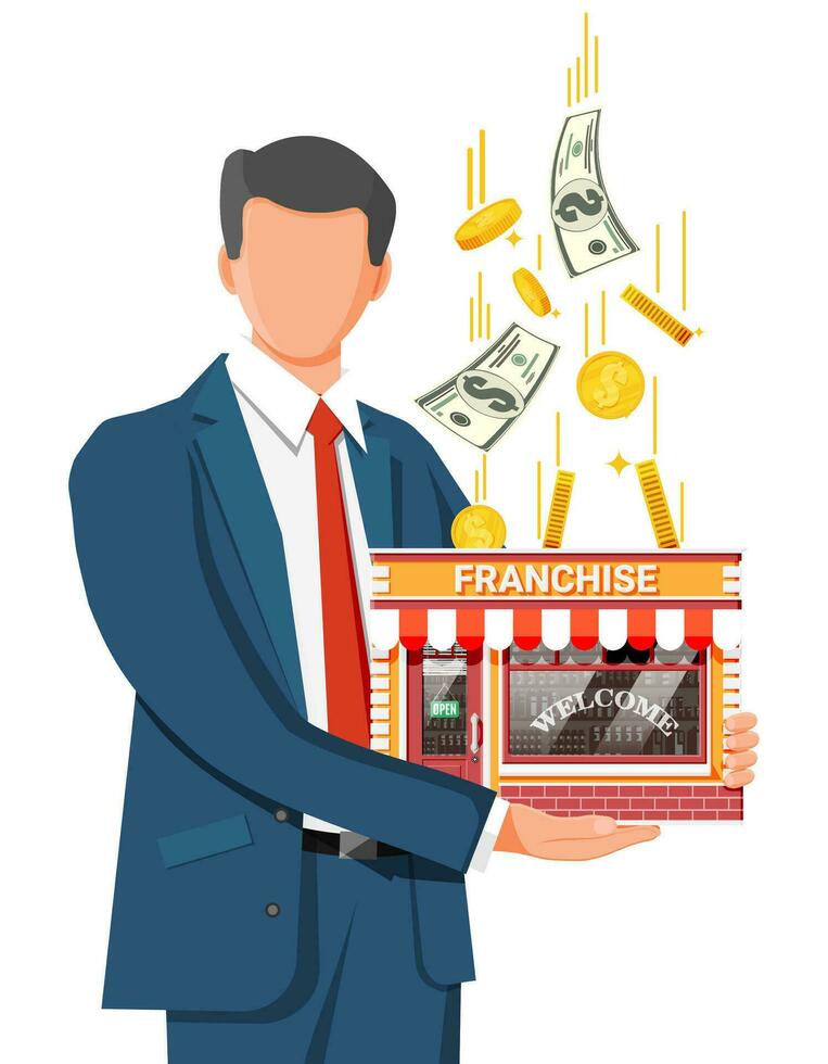 Businessman planing franchise business for sale. Shop building or commercial property. Real estate business promotional, sme startup crowdfunding. Selling buying new business. Flat vector illustration