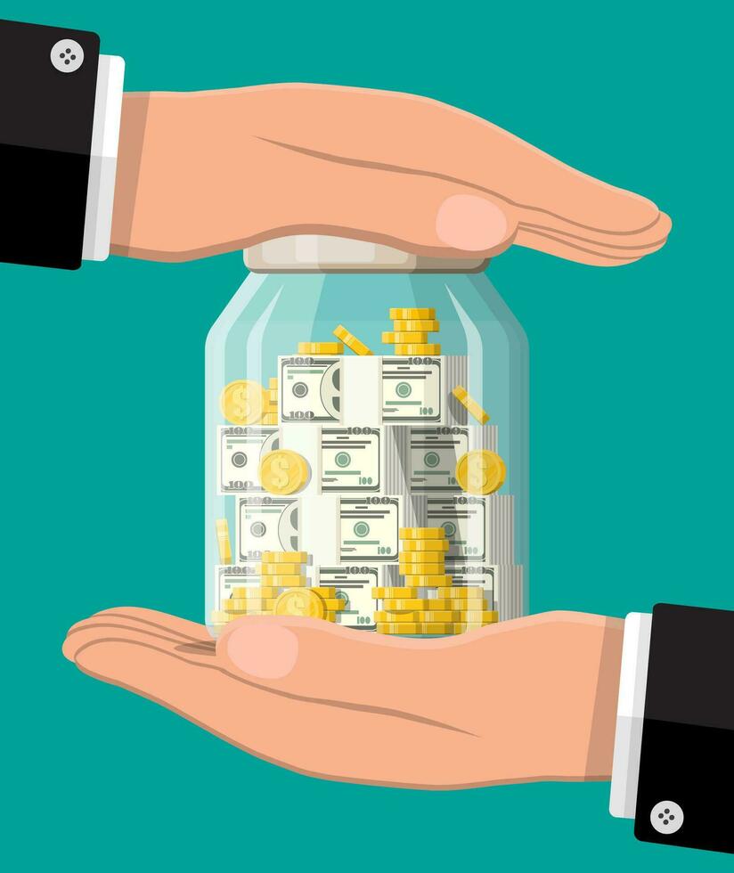 Hands protects glass jar with gold coins, banknotes. Saving dollar coin in bank. Growth, income, savings, investment. Banking insurance, protection, wealth. Business success. Flat vector illustration