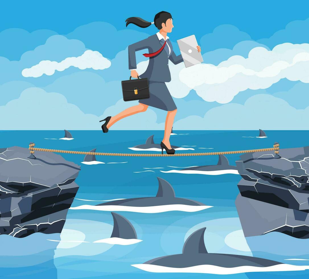 Businesswoman walking a tightrope over shark in water. Business woman in suit walking on rope with briefcase. Obstacle on road, financial crisis. Risk management challenge. Flat vector illustration