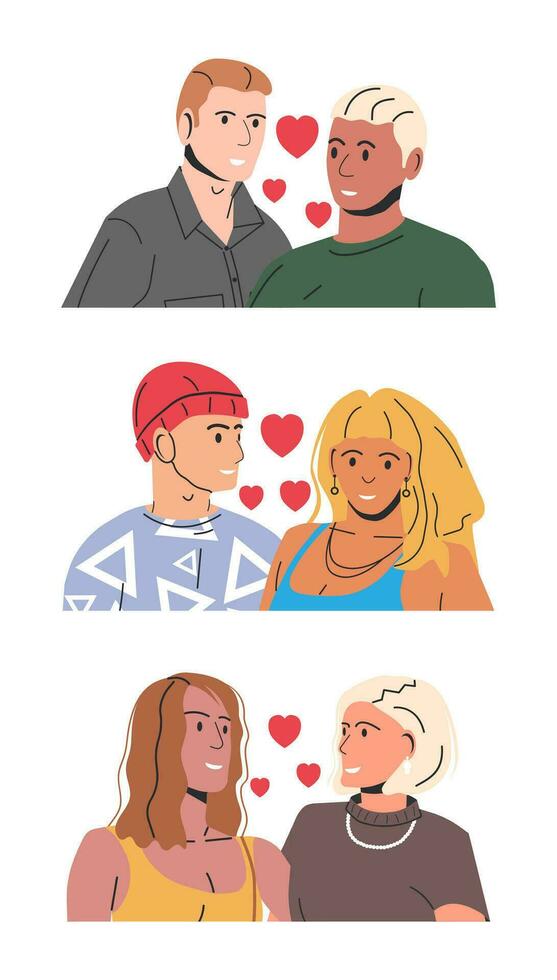 colección de diferente tipos de parejas conjunto de varios relaciones poliginia, interracial, homosexual, lesbiana, heterosexual gente. lgbt orgullo, género identidad, amor diversidad. plano vector ilustración