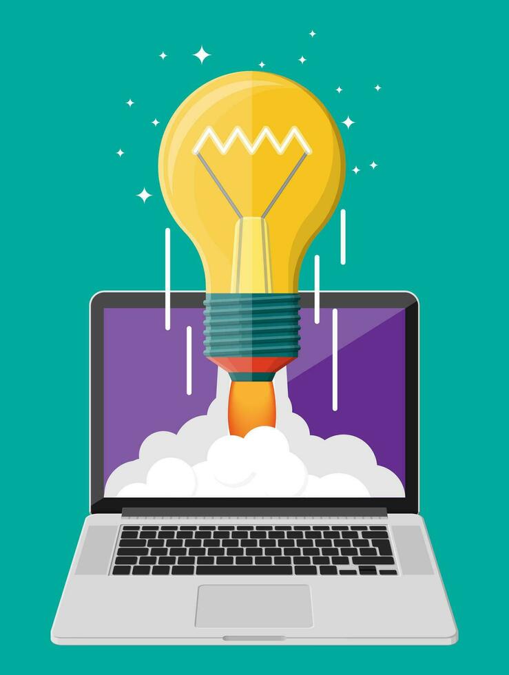 Light idea bulb launching into space from laptop screen. Startup, idea, creativity, innovation. Crowdfunding, start-up or new business model. Vector illustration in flat style