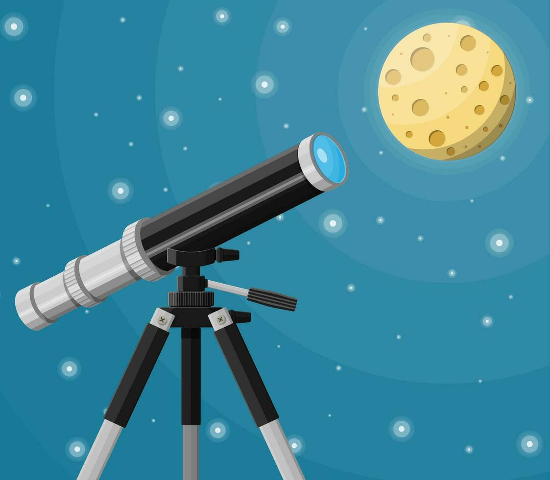 Observation through spyglass. Nature landscape with telescope, moon and stars. Astronomy, research, observe and education. Vector illustration in flat style