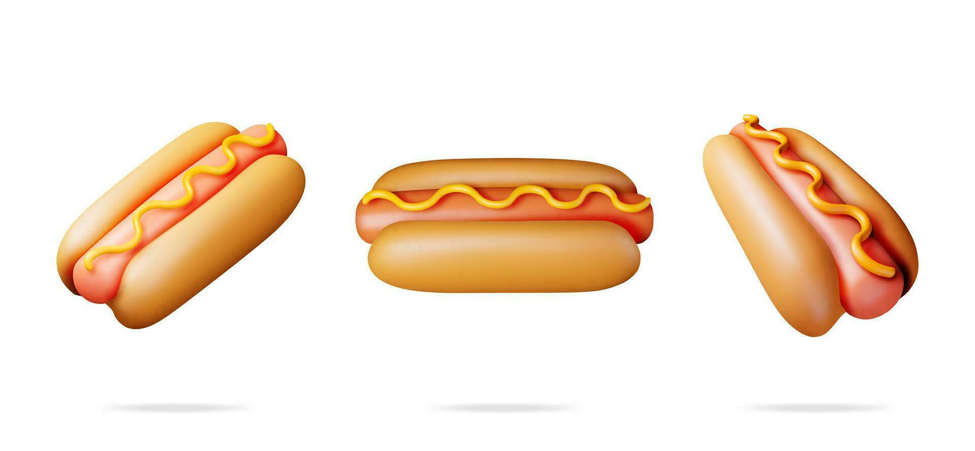 3D Hot Dog with Mustard Set in Different Angles Isolated on White. Render Collection of Hotdog Icon. Sausage with Bun and Mustard. Fast Food Concept. Fat, Unhealthy Food. Cartoon Vector Illustration