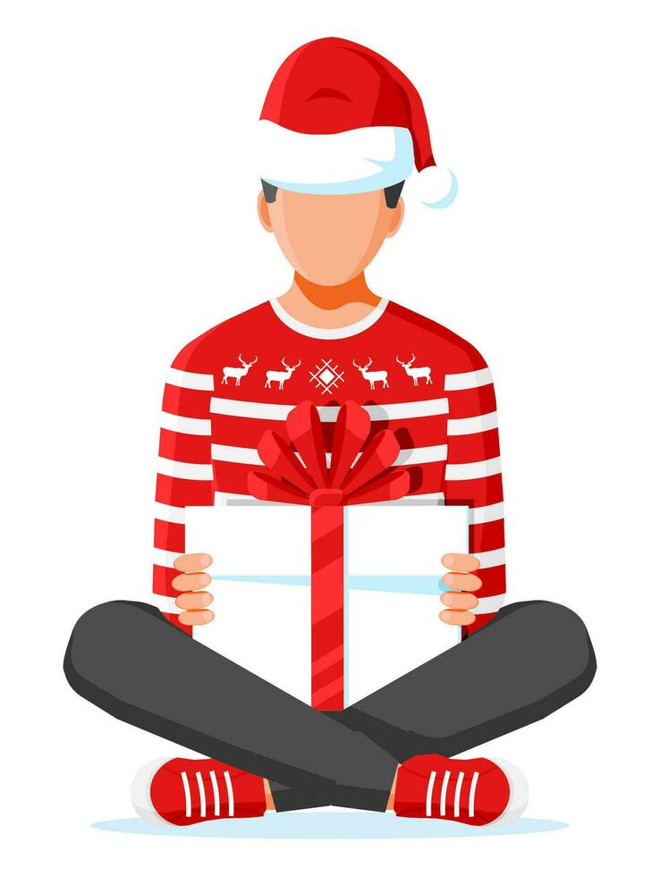 hombre sentado loto actitud participación regalo caja. cruzar patas masculino personaje con Navidad presente. contento nuevo año decoración. alegre Navidad día festivo. nuevo año y Navidad celebracion. plano vector ilustración