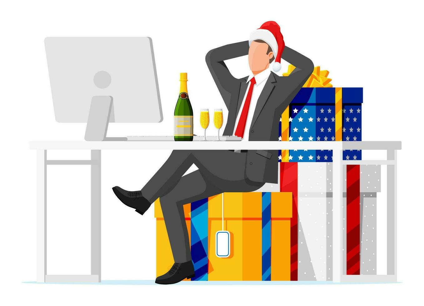 empresario en Papa Noel claus sombrero sentado en apilar de presenta hombre y Navidad regalo cajas contento nuevo año decoración. alegre Navidad día festivo. nuevo año y Navidad celebracion. plano vector ilustración