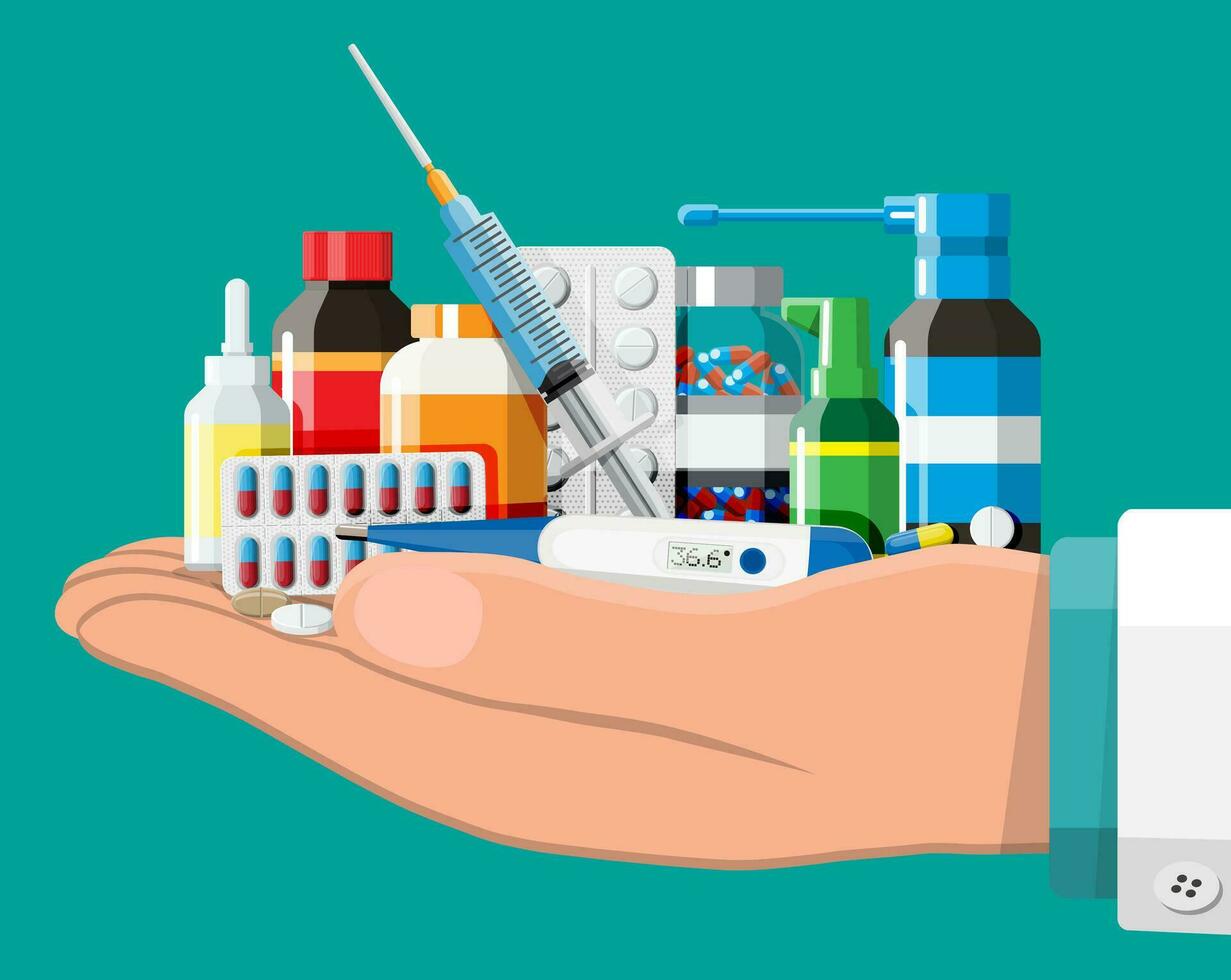 medicina recopilación. conjunto de botellas, tabletas, pastillas, cápsulas y aerosoles para enfermedad y dolor tratamiento. médico droga, vitamina, antibiótico. cuidado de la salud y farmacia. vector ilustración en plano estilo