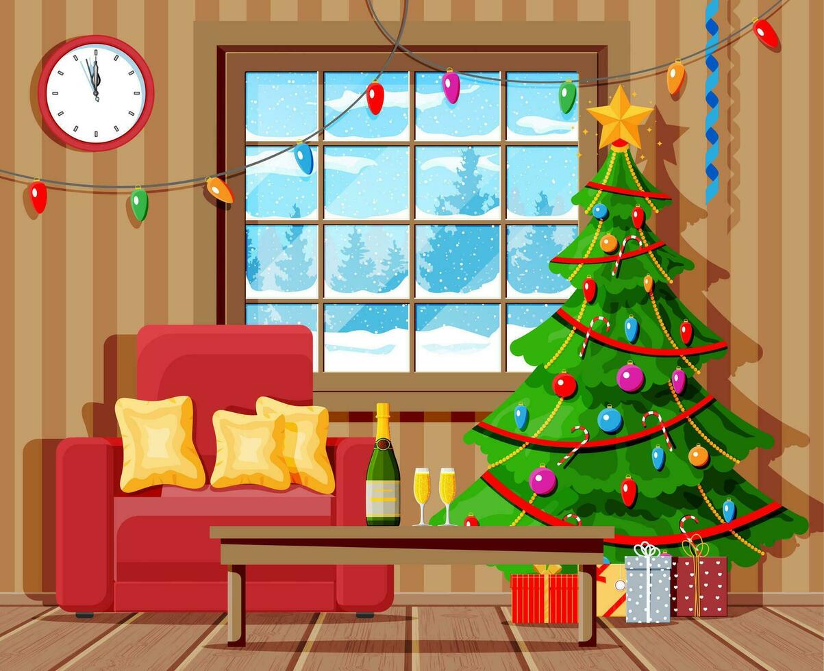Cozy Interior of Living Room with Window, Armchair, Table, Christmas Tree. Happy New Year Decoration. Merry Christmas Holiday. New Year and Xmas Celebration. Cartoon Flat Vector Illustration