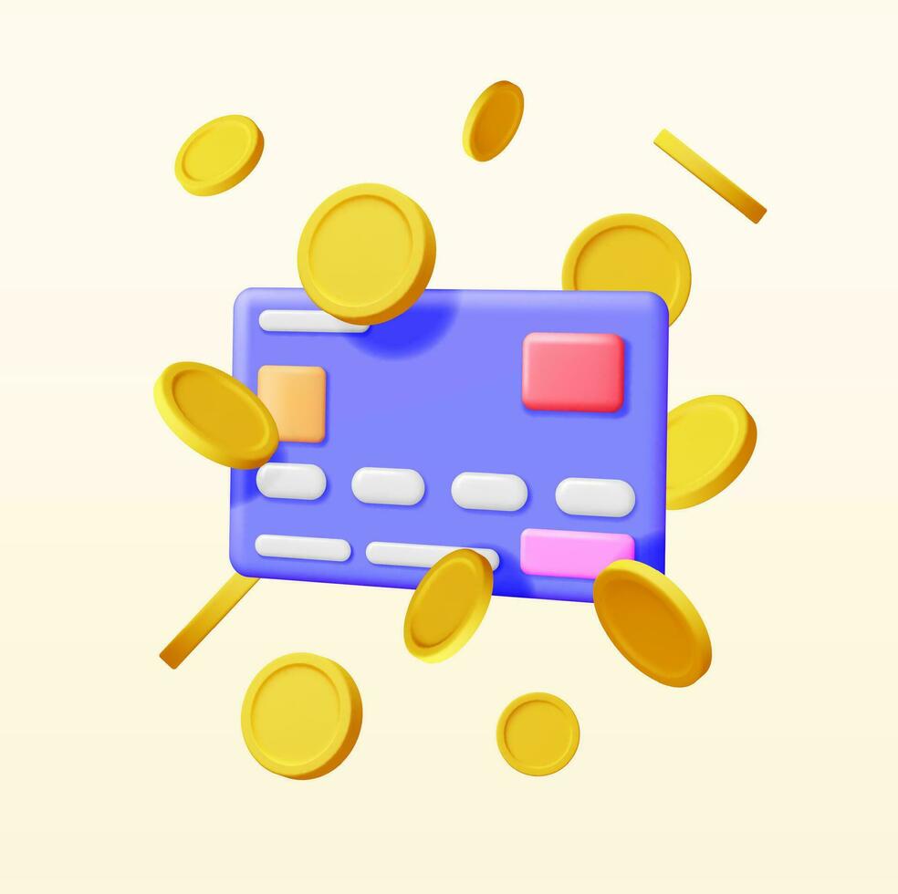 3D Bank Card in Money in Air. Render Credit Card with Chip and Gold Coin. Business Finance, Online Shopping and Banking. Cashless Payment. Financial Transactions, Money Transfer. Vector Illustration