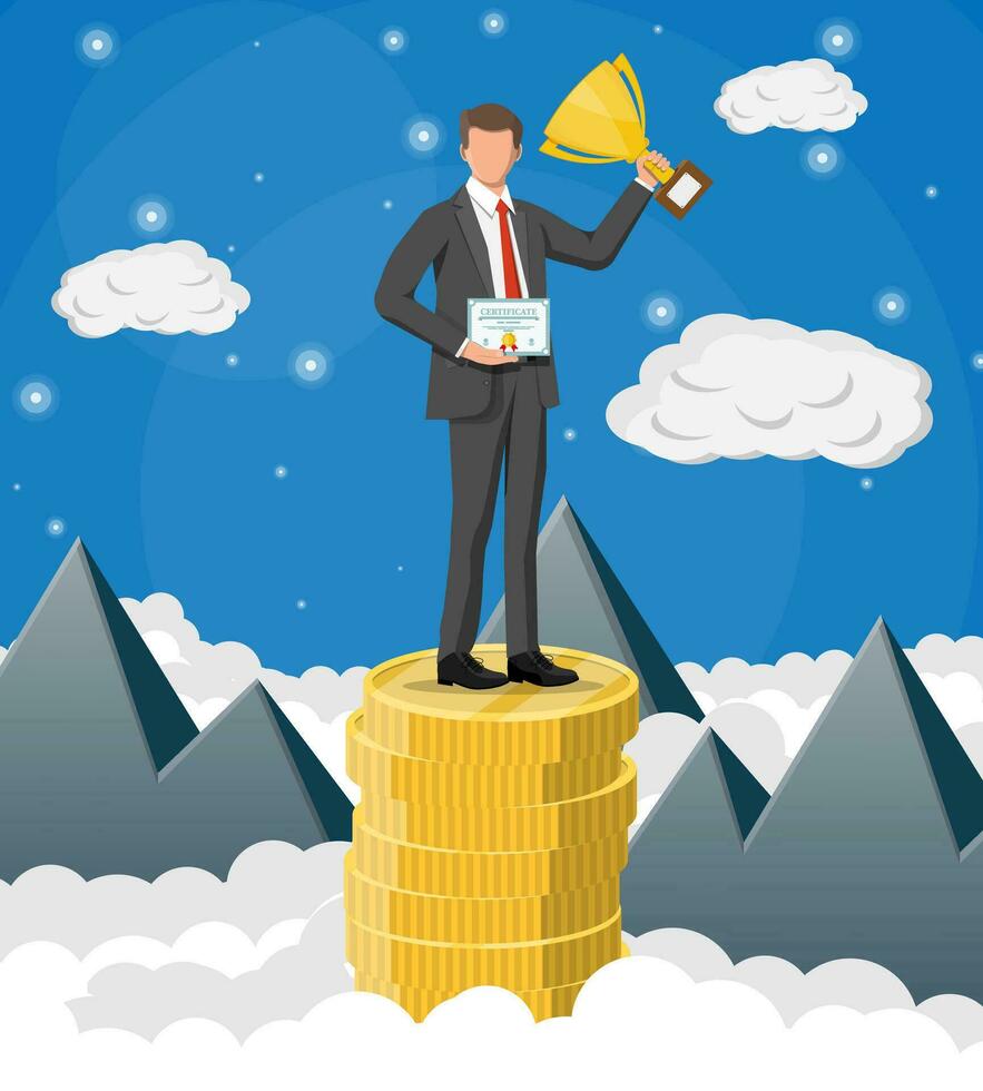 Businessman holding trophy, showing award certificate celebrates his victory. Stacks of golden coins in sky. Business success triumph goal achievement. Winning of competition. Flat vector illustration