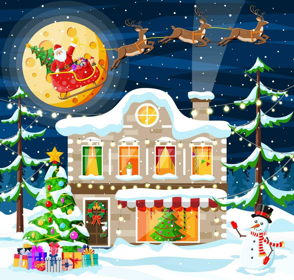 suburbano casa cubierto nieve. edificio en fiesta ornamento. Navidad paisaje árbol, monigote de nieve Papa Noel trineo renos nuevo año decoración. alegre Navidad fiesta Navidad celebracion. vector ilustración