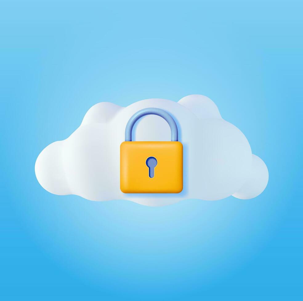 3d blanco nube con bloqueado candado. hacer nube con almohadilla bloquear icono. concepto de nube datos proteccion, seguridad y confidencialidad seguridad, cifrado y privacidad. vector ilustración