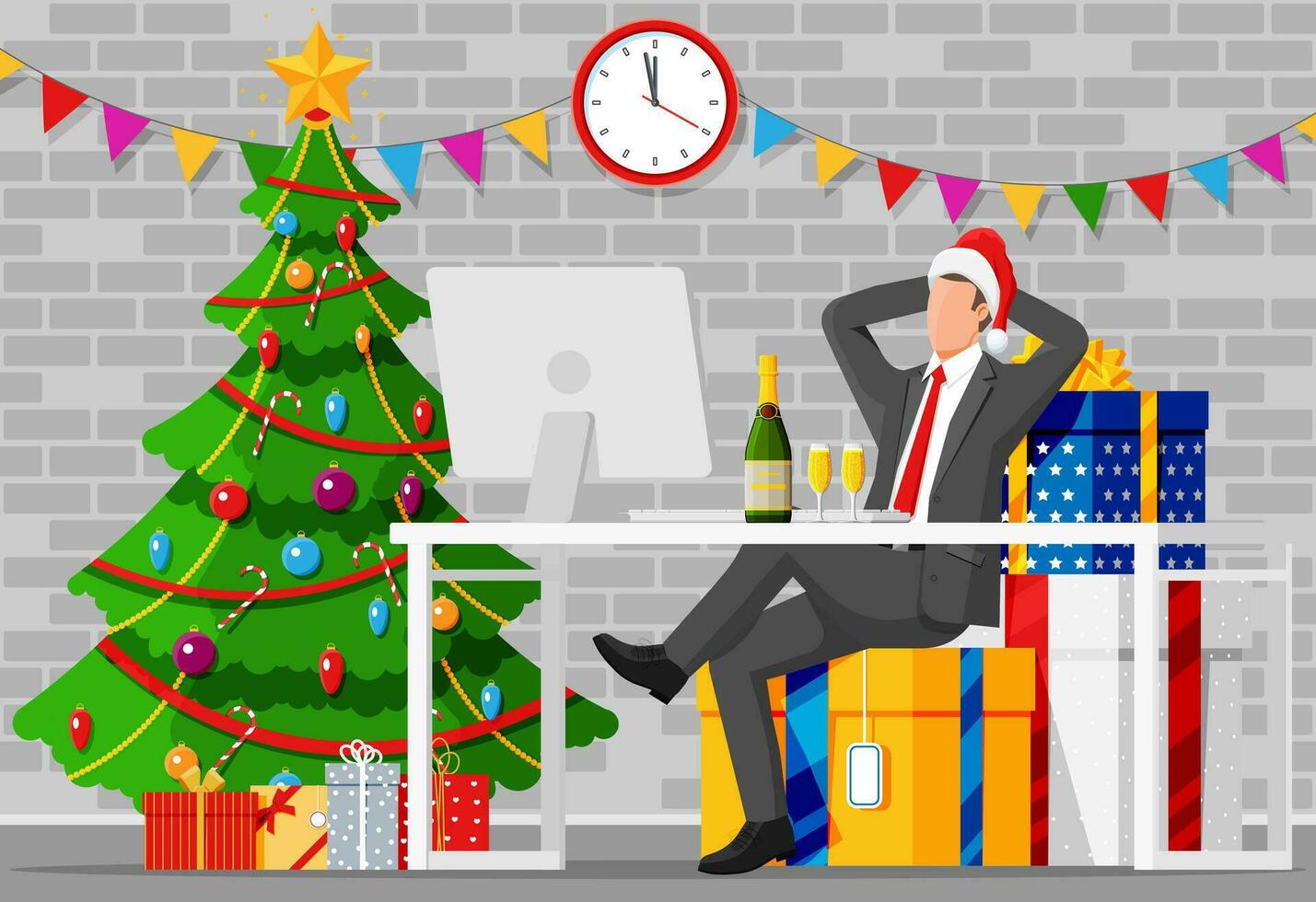 Businessman in Santa Claus Hat Sitting in Stack of Presents. Man and Christmas Gift Boxes. Happy New Year Decoration. Merry Christmas Holiday. New Year and Xmas Celebration. Flat Vector Illustration