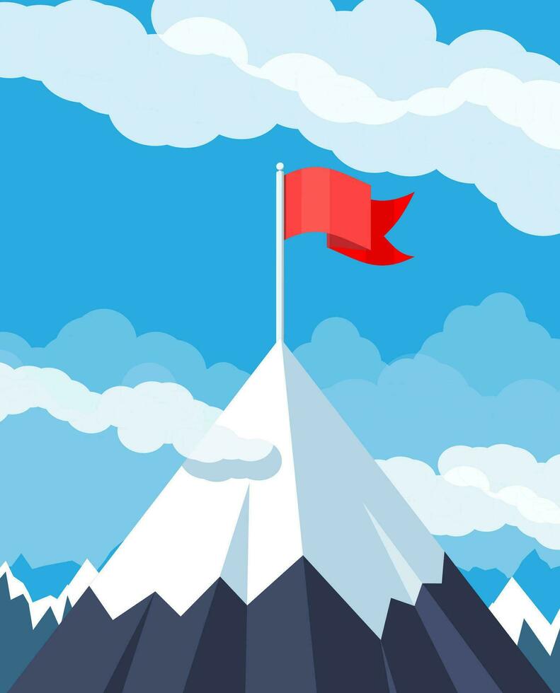 Flag on peak of mountain. Business success, target, triumph, goal or achievement. Winning of competition. Rocky mountains, sky with stars and clouds in night. Vector illustration in flat style.