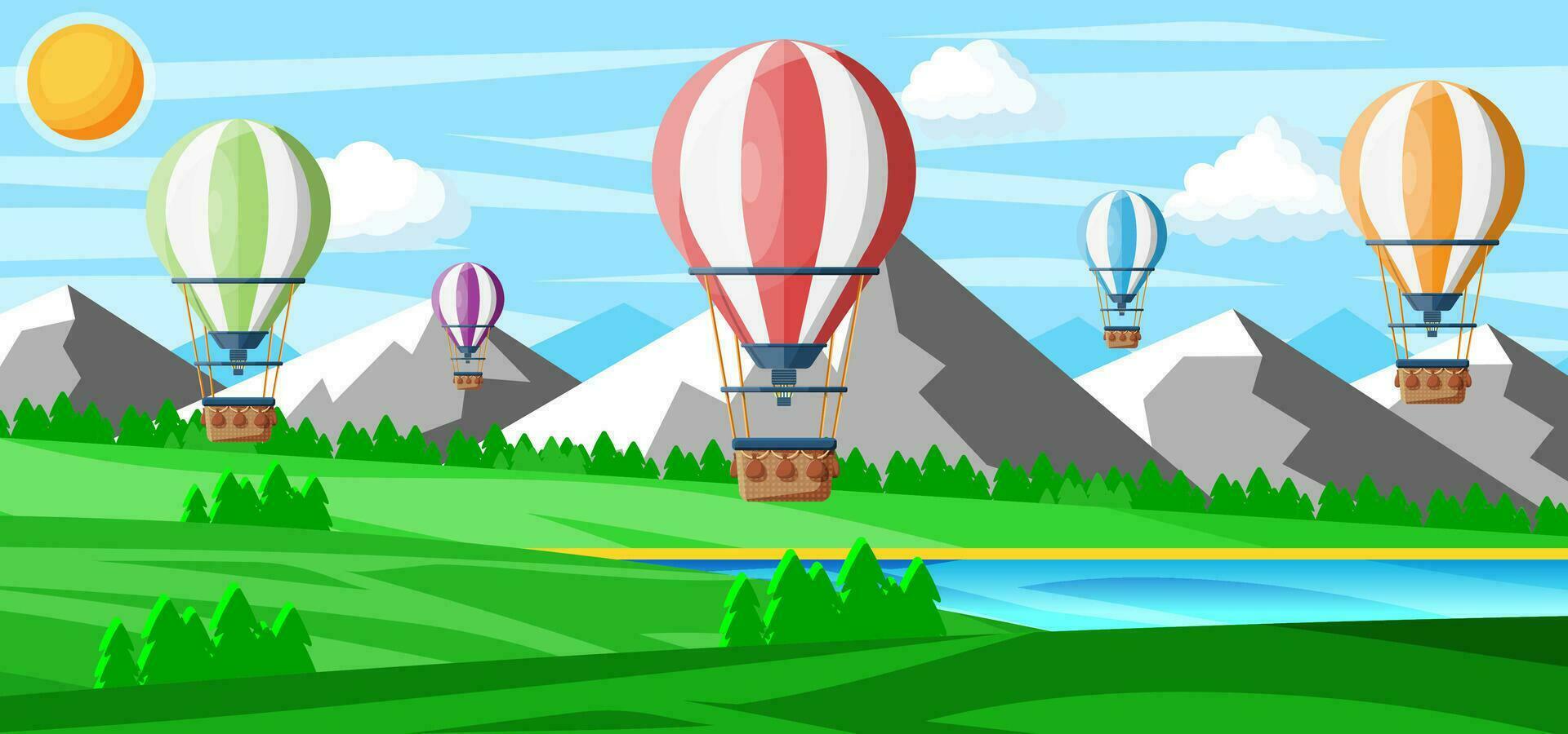 caliente aire globo en el cielo con nubes y Dom. Clásico aire transporte. naturaleza al aire libre antecedentes. aeróstato con cesta. naturaleza paisaje de verde sierras. plano vector ilustración