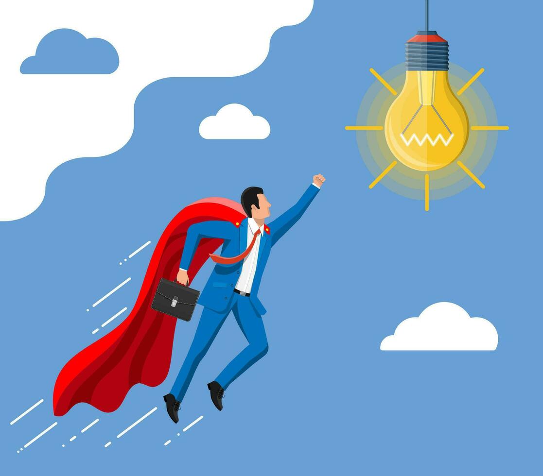 Super businessman in red cape flying to idea light bulb. Concept of creative idea or inspiration, business start up. Glass bulb with spiral in flat style. Vector illustration