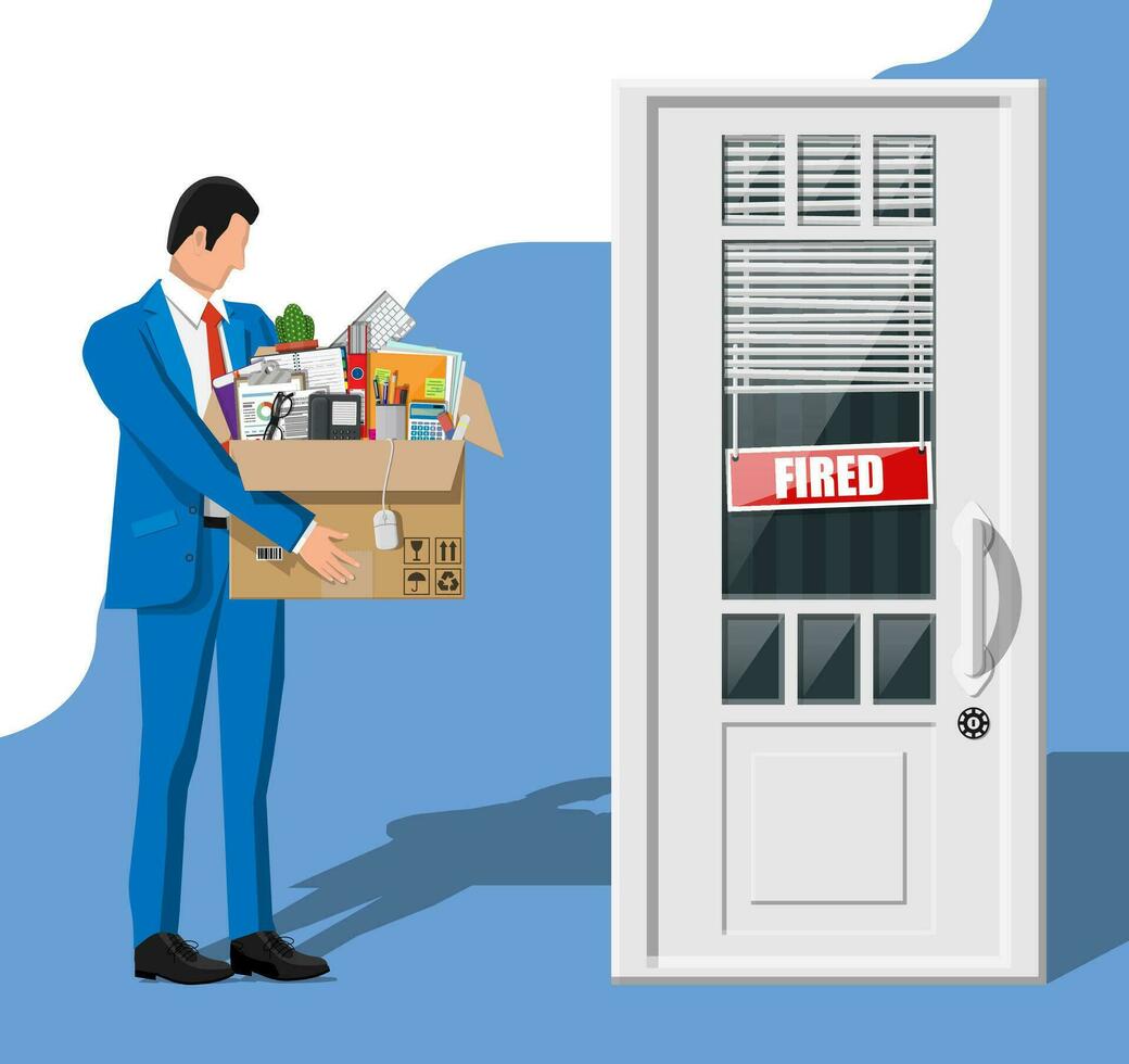 Dismiss employee, door with fired word plate and cardboard box with office items. Hiring and recruiting. Human resources management concept searching professional staff work. Flat vector illustration