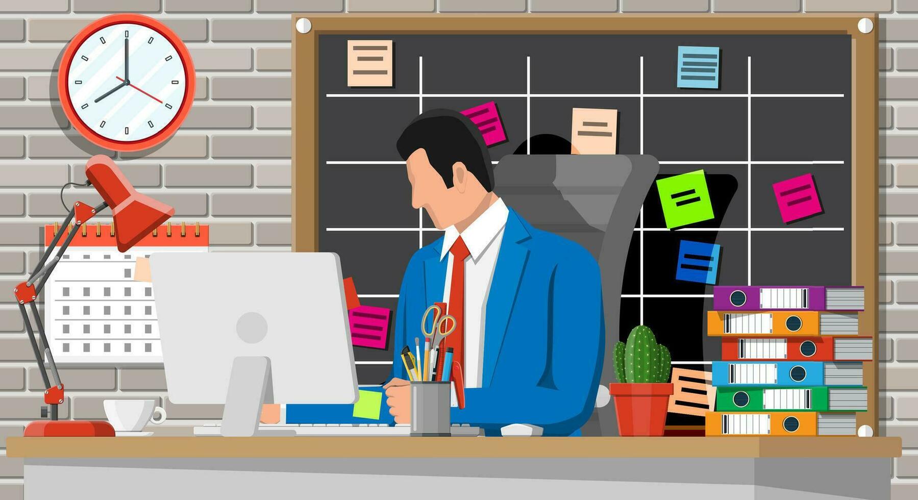 Businessman at work. Office desk with computer chair, lamp, coffee cup, cactus document papers. Calendar, stationery, folders. Modern business workplace. Home workspace table. Flat vector illustration