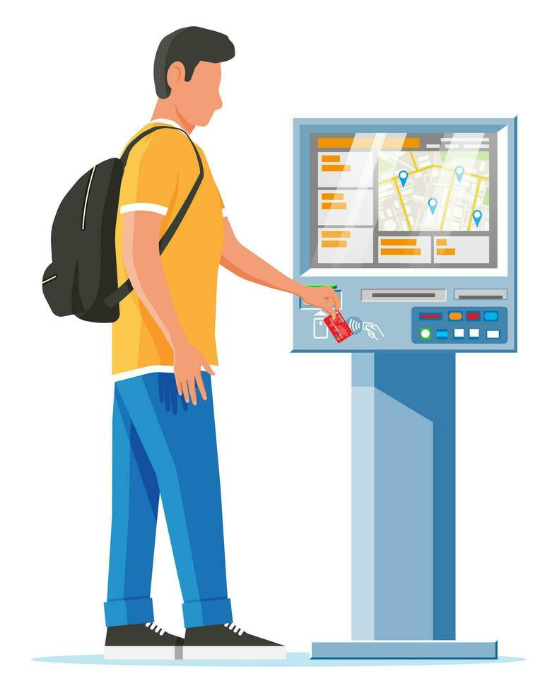 Street Payment Terminal and Man Isolated. Self Service Financial Equipment. Payment for Services and Goods. ATM, Ticket Machine or Parking Meter, Freestanding. Cartoon Flat Vector Illustration