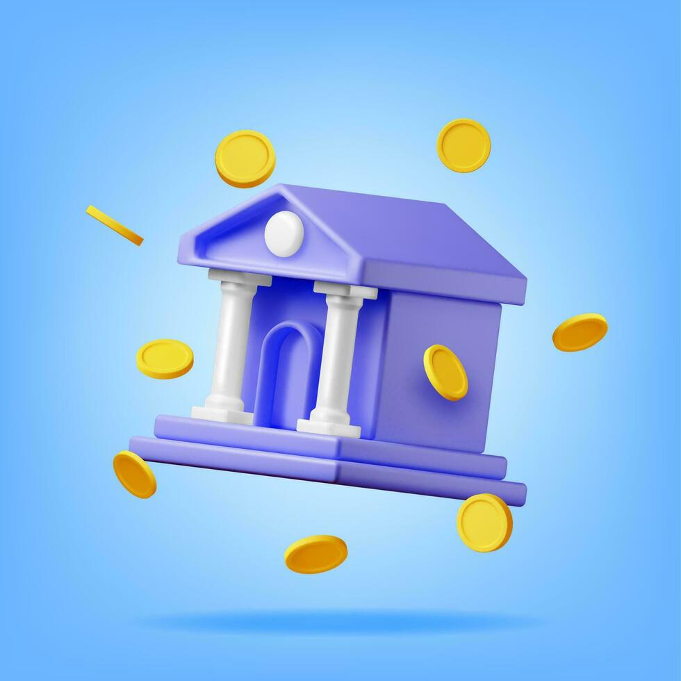 3D Bank Building and Cash Money. Render Financial House Icon. Construction with Columns in Ancient Design. Money Deposit and Withdrawal, Financial Transactions Service Banking. Vector Illustration