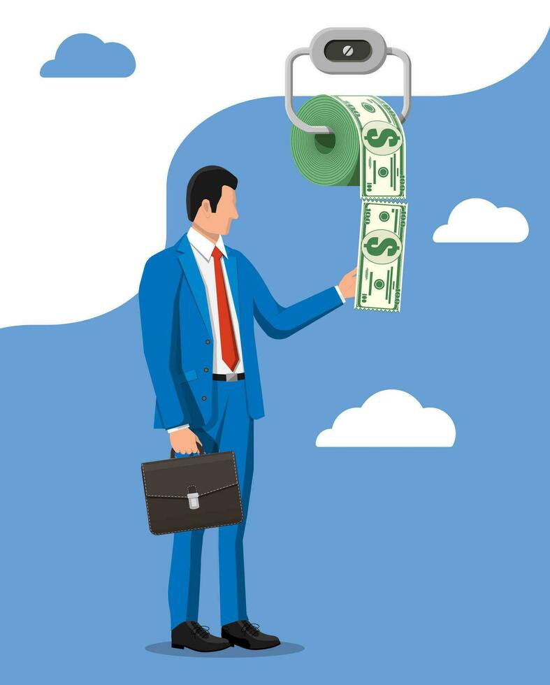 Businessman and hank of toilet paper dollar money. Garbage waste investment. Losing or wasting money, overspending, bankruptcy or crisis. Vector illustration in flat style