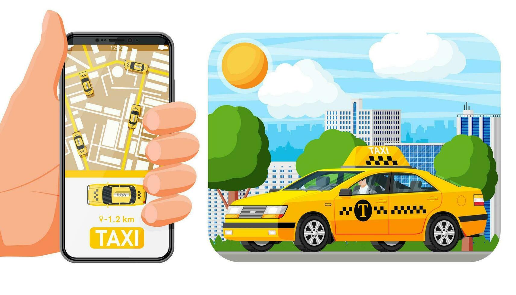 mano participación teléfono inteligente con Taxi solicitud en pantalla. Taxi coche y paisaje urbano reserva Taxi en línea concepto. Taxi aplicación o servicio. amarillo coche y teléfono inteligente plano vector ilustración