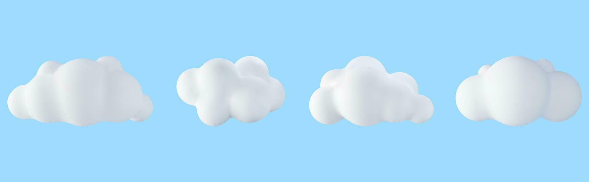 3D White Cloud Set Isolated on Blue Background. Collection of Cartoon Fluffy Cloud Icon. Render Bubble Cute Circle Shaped Smoke or Cumulus Fog Symbol. Vector Illustration