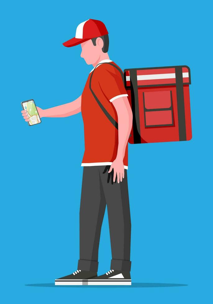 Courier in red uniform receiving the online order on phone. Man with box. Character with backpack parcel. Free and fast shipping and delivery, online order. Vector illustration in flat style