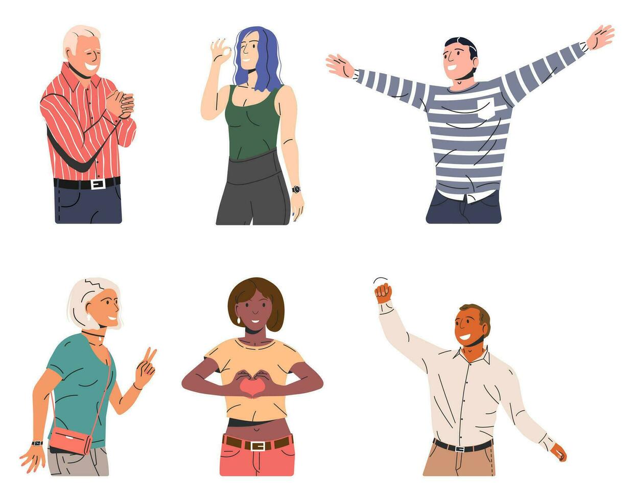 Set of Happiness Emotions Symbols. Various People Showing Positive Body Language Gestures. Woman and Man Show Victory, Laugh, Ok and Yeah Symbols. Happy People. Cartoon Flat Vector Illustration