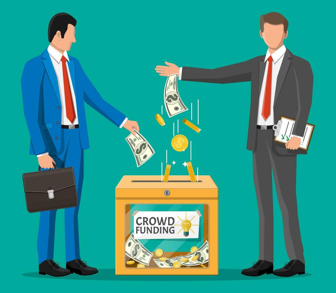Business people near donation box and money. Funding project by raising monetary contributions from people. Crowdfunding concept, startup or new business model. Vector illustration in flat style