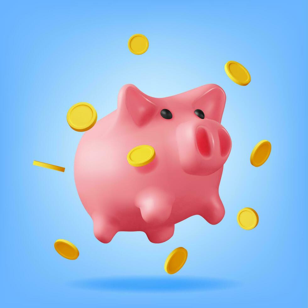 3D Piggy Bank with Coins Isolated. Render Plastic Piggy Bank for Money. Moneybox in Form of Pig. Concept of Cash Money, Business Deposit Investment, Financial Savings. Vector Illustration