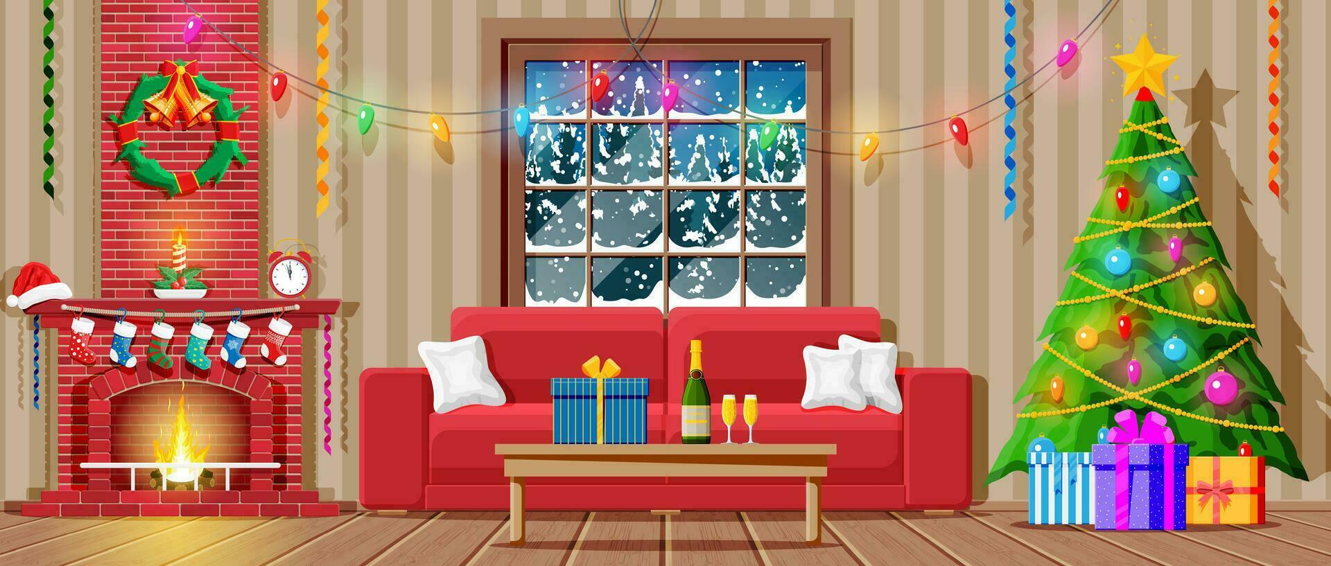 Cozy Interior of Living Room with Window, Sofa, Table, Fireplace, Christmas Tree. Happy New Year Decoration. Merry Christmas Holiday. New Year and Xmas Celebration. Cartoon Flat Vector Illustration