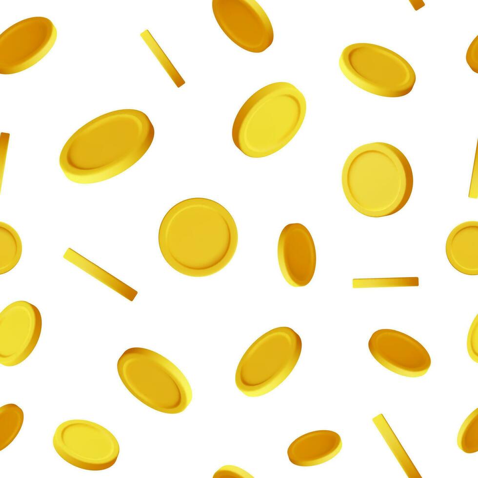 3D Falling Gold Coins Seamless Pattern. Money Rain. Render Empty Golden Coins. Growth, Income, Savings, Investment. Symbol of Wealth. Business Success. Vector illustration.