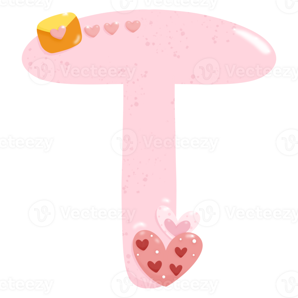 Cute hand drawn alphabet letter T with heart of Valentine day concept PNG