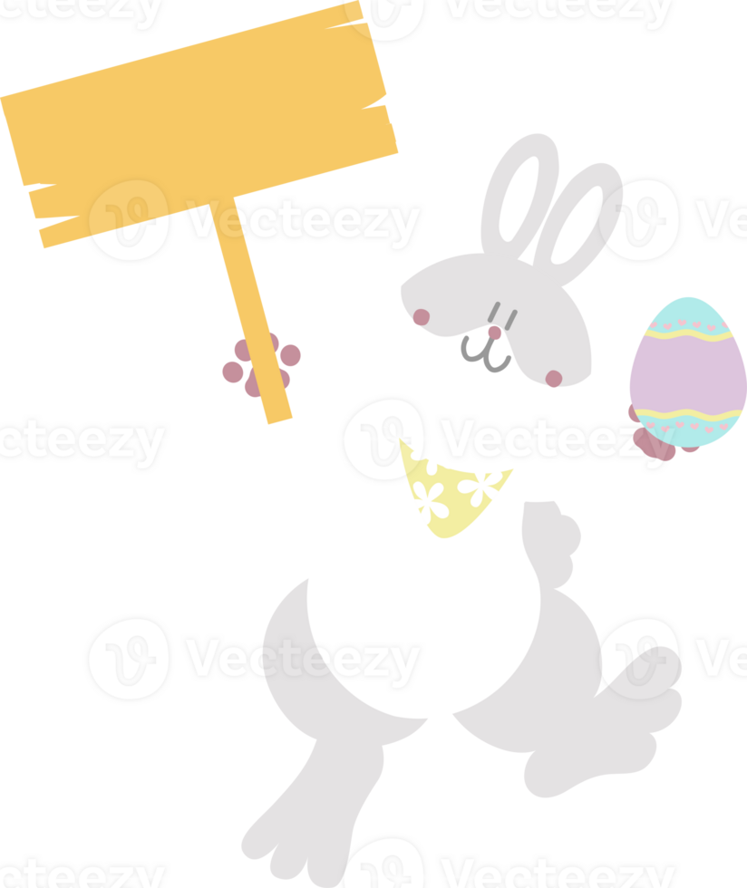 happy easter with bunny rabbit holding blank sign and egg, flat png transparent element character design