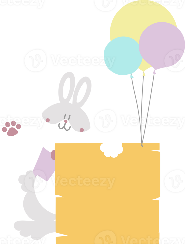 happy easter with bunny rabbit holding blank sign and balloon, flat png transparent element character design