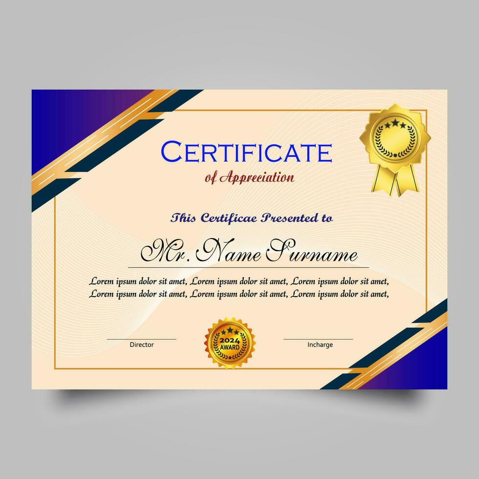 certificado de logro modelo conjunto con oro Insignia y borde, apreciación y logro certificado modelo diseño. elegante diploma certificado modelo vector