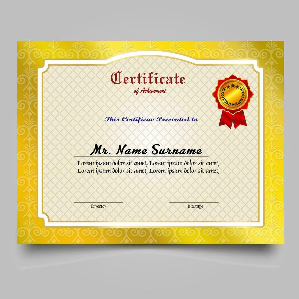 certificado de logro modelo conjunto con oro Insignia y borde, apreciación y logro certificado modelo diseño. elegante diploma certificado modelo vector