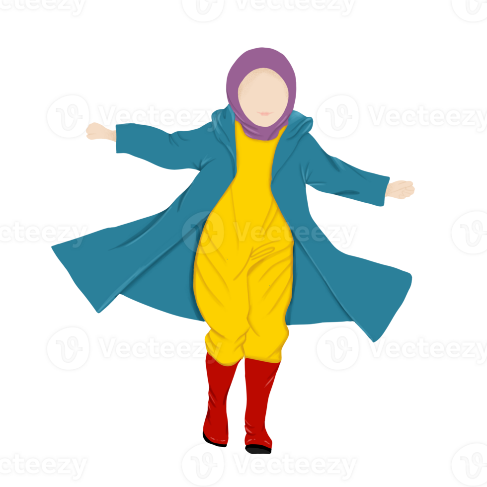 Illustration of a girl in a raincoat running happily png