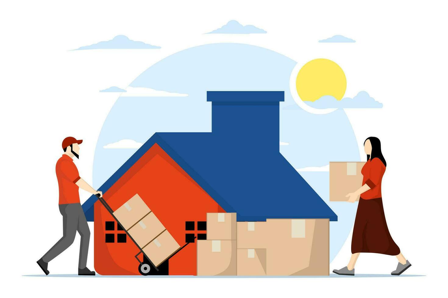 Concept of moving to a new House. People have been relocated to new places. people lift boxes containing furniture at home. Mobile Furniture with Flat Transport style design. Vector Illustration.