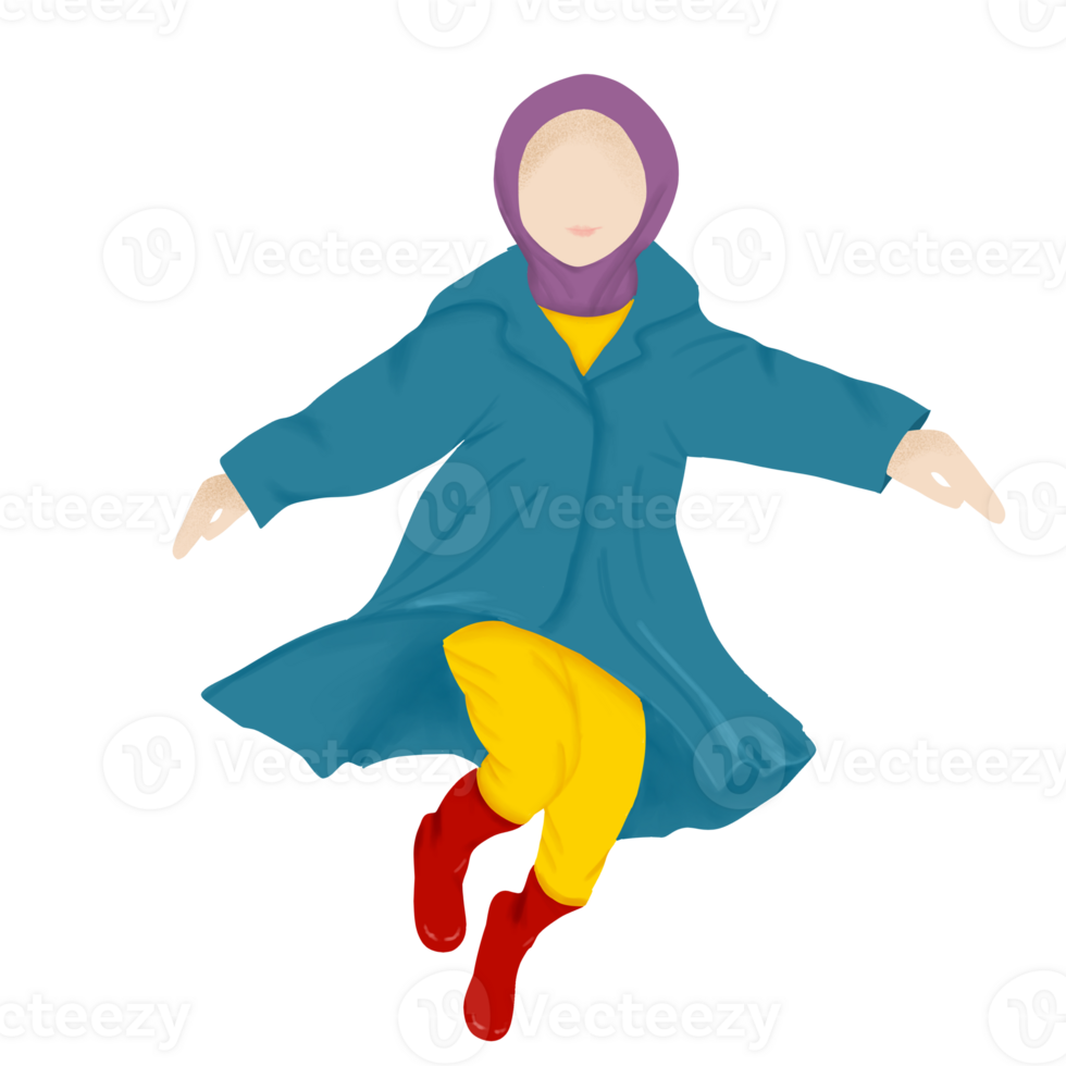 Illustration of a girl in a raincoat dancing happyly png