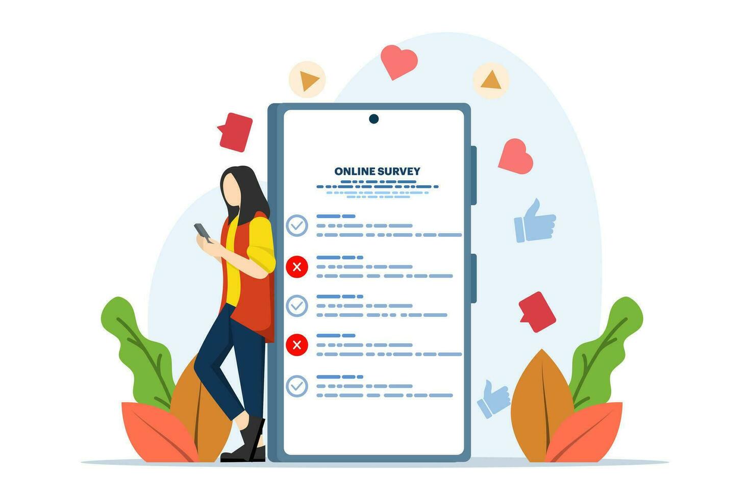 online poll and survey concept, online survey results character monitoring using smart phone, to make list paper notes, can be used for, landing page, template, ui, web, homepage, poster. vector