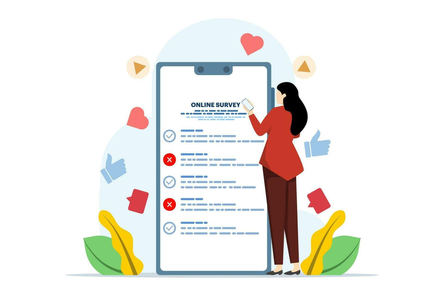 online poll and survey concept, online survey results character monitoring using smart phone, to make list paper notes, can be used for, landing page, template, ui, web, homepage, poster. vector