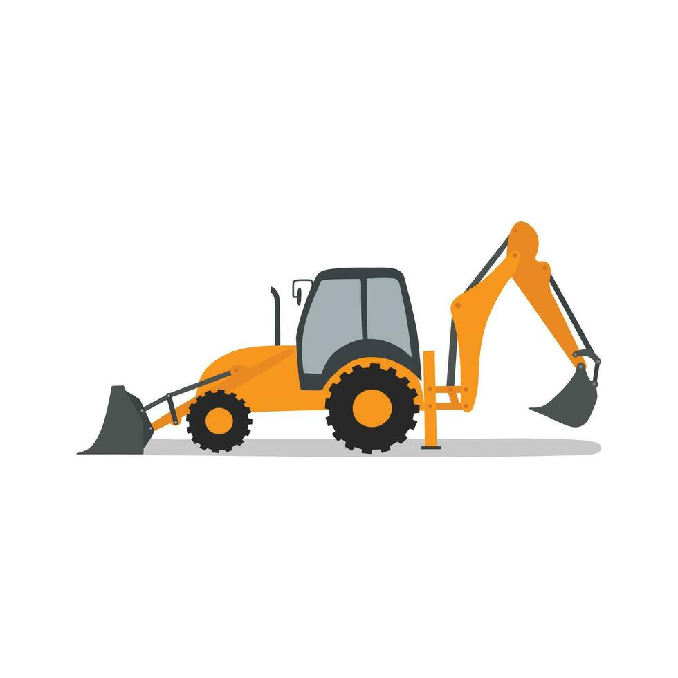 Backhoe loader flat vector illustration isolated on white background. Construction equipment clip art in cartoon style. Kid drawing. Hand drawn.