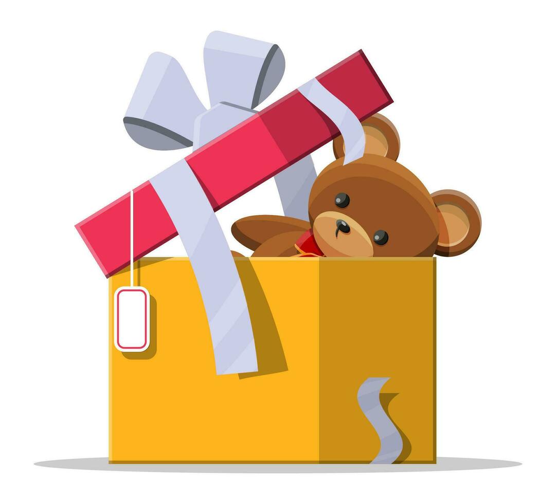 osito de peluche oso dentro regalo caja. oso felpa juguete. oso de peluche icono. Navidad o nuevo año regalo. niños donación. vector ilustración en plano estilo