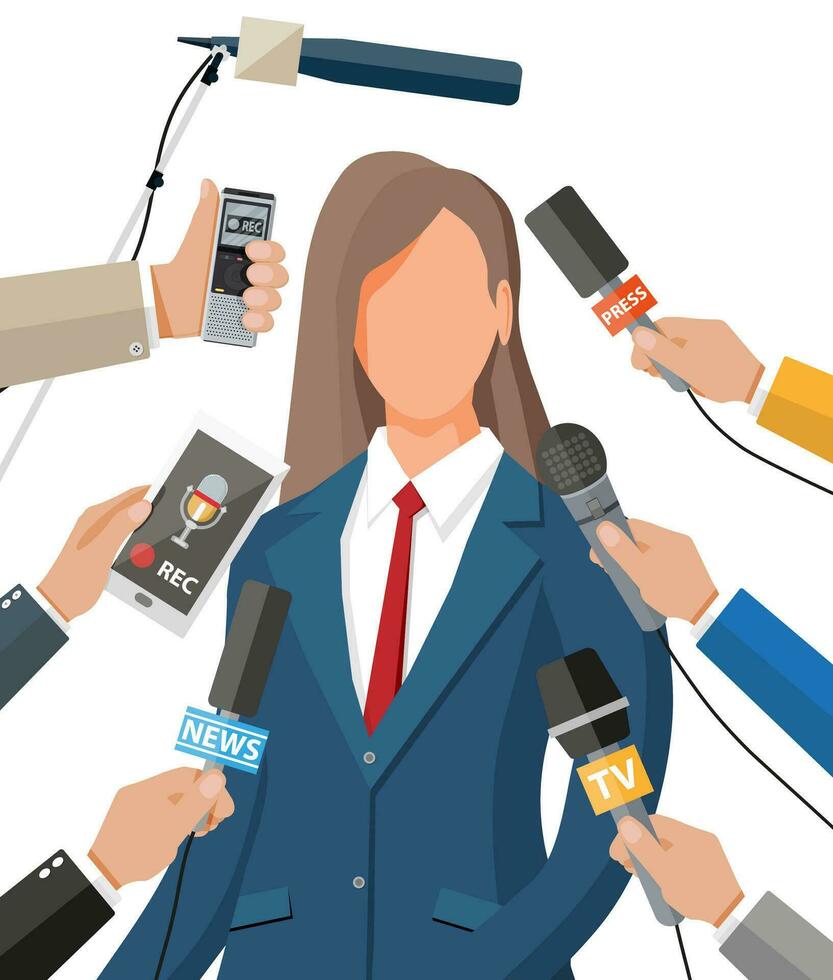 Public speaker. Rostrum, tribune and hands of journalists with microphones and digital voice recorders. Press conference concept, news, media, journalism. Vector illustration in flat style